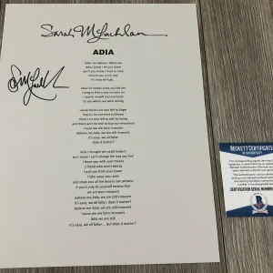 SARAH MCLACHLAN SIGNED AUTOGRAPH ADIA LYRIC SHEET w/EXACT PROOF BECKETT BAS COA