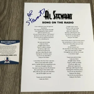 AL STEWART SIGNED AUTOGRAPH SONG ON THE RADIO LYRICS SHEET w/PROOF & BECKETT COA
