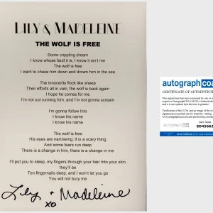 LILY & AND MADELEINE SIGNED AUTOGRAPH THE WOLF IS FREE LYRIC SHEET w/EXACT PROOF