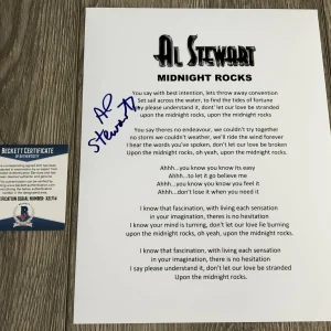 AL STEWART SIGNED AUTOGRAPH MIDNIGHT ROCKS LYRIC SHEET w/PROOF & BECKETT BAS COA
