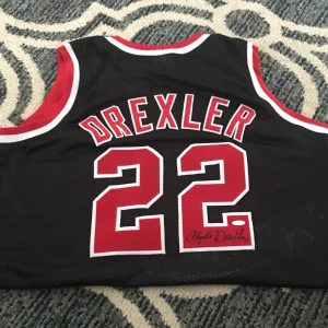 TRAILBLAZERS CLYDE DREXLER AUTOGRAPHED SIGNED BLACK JERSEY STEINER COA
