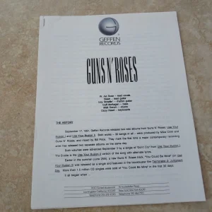 Guns & Roses Band History RARE ILLUSIONS Era Geffen Records Press Release 2 Page
