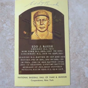 Edd Roush Double Signed 1956 Curteichcolor HOF Plaque Card Guaranteed