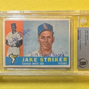 1960 TOPPS JAKE STRIKER #169 AUTHENTIC AUTO BECKETT CERT INSCRIBED "1-0...."
