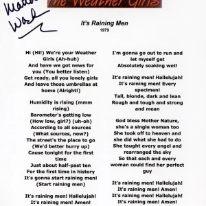 MARTHA WASH THE WEATHER GIRLS SIGNED AUTOGRAPH LYRIC SHEET ACOA ITS RAINING MEN