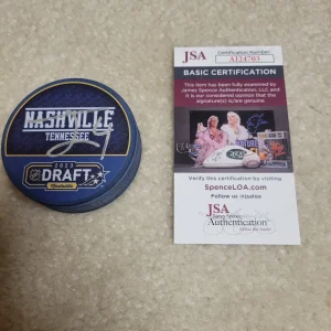 THEO LINDSTEIN AUTOGRAPHED NHL 2023 DRAFT HOCKEY PUCK JSA ST LOUIS BLUES SIGNED
