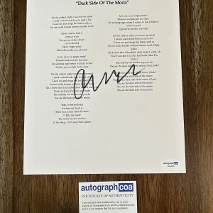 Owenn Pop Singer Signed Autographed ‘Dark Side Of The Moon’ Lyric Sheet ACOA