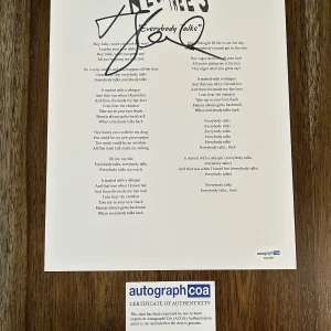 Tyler Glenn ‘Neon Trees’ Signed Autograph ‘Everybody Talks’ Lyric Sheet ACOA

