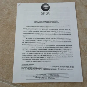 Guns & Roses Band RARE ILLUSIONS Era Geffen Records Charity Press Release 2 Page
