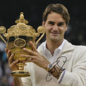 Roger Federer Signed Autograph 11x14 Photo - Tennis Star w/ Wimbledon Trophy JSA
