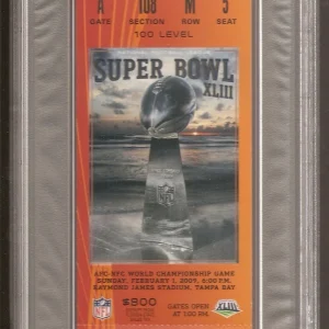 2009 NFL Super Bowl XLIII Santonio Holmes Steelers Full Unused Ticket PSA 6
