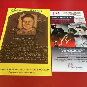 Johnny John Mize HOF Plaque Postcard Signed Auto JSA COA
