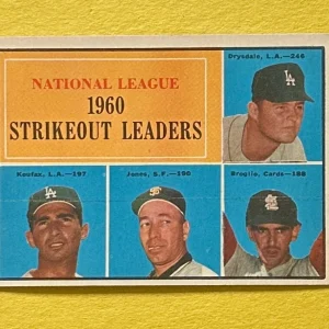 1961 TOPPS 1960 NL STRIKEOUT LEADERS DRYSDALE KOUFAX JONES BROGLIO #49
