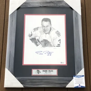 Pierre Pilote Signed Chicago Blackhawks Framed Matted Pencil Sketch Beckett COA
