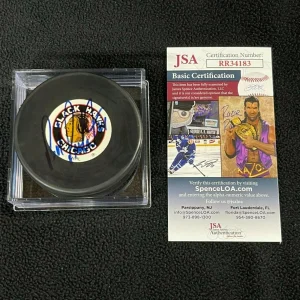 Bob Probert Signed Chicago Blackhawks Vintage Logo Puck JSA COA
