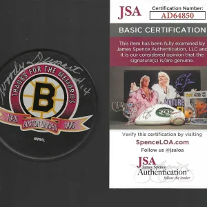 Woody Dumart Signed Boston Bruins Garden Thanks For The Memories Puck JSA COA