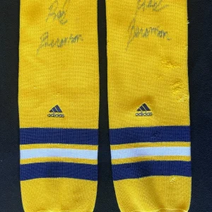 Red Berenson Signed Michigan Wolverines Game Used Hockey Socks JSA COA
