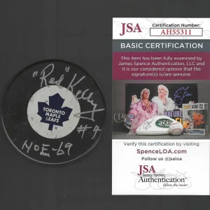 "Red" Kelly Signed & Inscribed Toronto Maple Leafs Puck JSA COA
