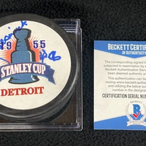 Tony Leswick Signed Detroit Red Wings 1955 Stanley Cup Champion Puck Beckett COA