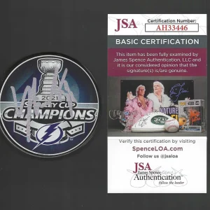 Yanni Gourde Signed Tampa Bay Lightning 2021 Stanley Cup Champion Puck JSA COA
