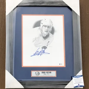 Denis Potvin Signed New York Islanders Framed Matted Pencil Sketch Beckett COA
