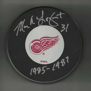 Mark Laforest Signed & Inscribed Detroit Red Wings Vintage Logo Puck