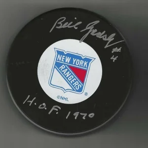 Bill Gadsby Signed & Inscribed New York Rangers Vintage Logo Puck
