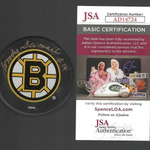 Woody Dumart Signed Boston Bruins Souvenir Puck JSA COA