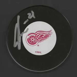 Gustav Lindstrom Signed Detroit Red Wings Vintage Logo Puck
