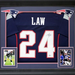 Ty Law Authentic Signed Navy Blue Pro Style Framed Jersey BAS Witnessed
