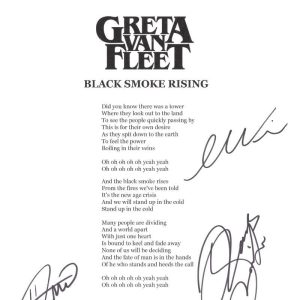 Great Van Fleet Band x3 Signed Autograph Black Smoke Rising Lyric Sheet JSA COA