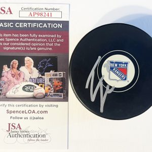 Tyler Pitlick Signed Autographed New York Rangers Logo Hockey Puck JSA COA