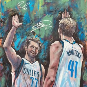 PSA/DNA LUKA DONCIC DIRK NOWITZKI Signed Rookie Basketball Painting Auto 1/1