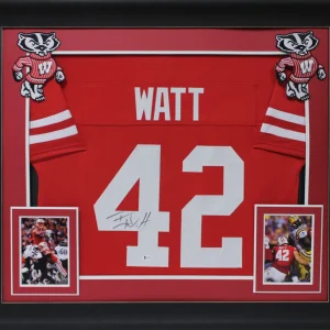 Wisconsin T.J. Watt Authentic Signed Red Pro Style Framed Jersey BAS Witnessed