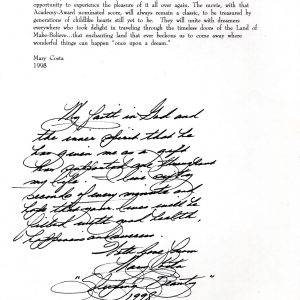 MARY COSTA HAND SIGNED+HAND WRITTEN NOTE 1998+COA VOICE OF SLEEPING BEAUTY