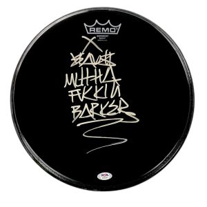 Travis MF Barker Blink-182 Signed Autograph 12" Drumhead - Crazy Inscription PSA