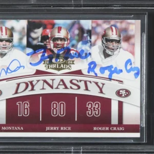 49ers Montana, Rice & Craig Signed 2008 Donruss Threads #6 Card Auto 10 BAS Slab