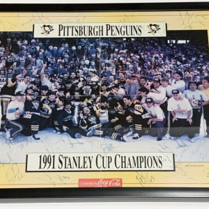 1991 PITTSBURGH PENGUINS TEAM SIGNED FRAMED 16X20 POSTER MARIO LEMIEUX JSA LOA