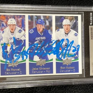 Bo Horvat Jake Virtanen Ben Hutton Signed UD Team Triples Card Beckett Certified