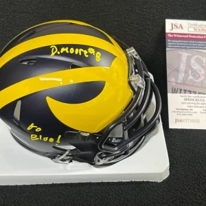 Derrick Moore Signed & Inscribed Michigan Wolverines Mini Helmet JSA COA