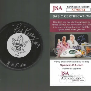 "Red" Kelly Signed & Inscribed Toronto Maple Leafs Vintage Logo Puck JSA COA