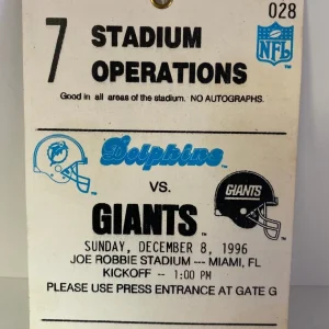 VINTAGE 1996 MIAMI DOLPHINS VS NEW YORK GIANTS STADIUM OPERATIONS PASS