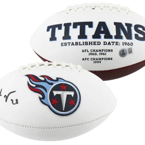 Titans Chris Johnson Signed Rawlings White Panel Logo Football BAS Witnessed