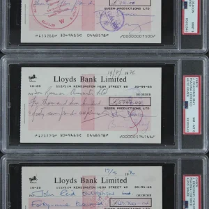 Queen (4) Mercury, May, Deacon, Taylor Signed 1976 Bank Set Of 3 Checks PSA Slab