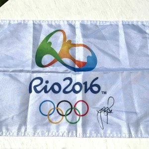 Justin Rose Signed 2016 Rio Olympics Pin Flag Gold Medal Golf Beckett BAS Cert