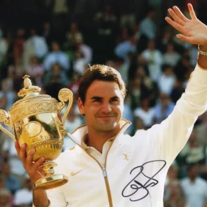 Roger Federer Signed Autograph 11x14 Photo Wimbledon Champion w/ Trophy JSA COA