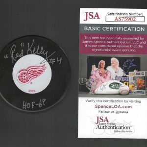 "Red" Kelly Signed & Inscribed Detroit Red Wings Vintage Logo Puck JSA COA