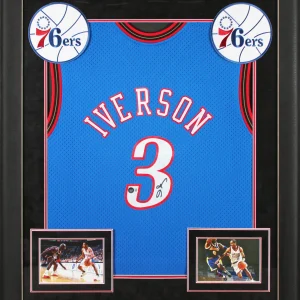 76ers Allen Iverson Signed Blue M&N 1999-00 HWC Swingman Framed Jersey BAS Wit