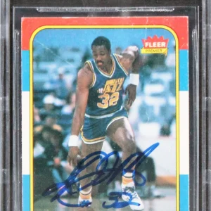 Jazz Karl Malone Signed 1986 Fleer #68 Rookie Card Auto 10! (Creased) BAS Slab