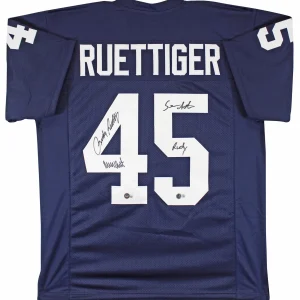 Notre Dame Rudy Ruettiger & Sean Astin Signed Navy Pro Style Jersey BAS Witness